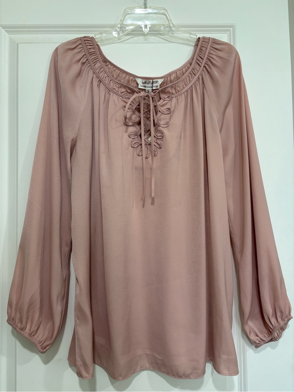 MSSP Max Studio Specialty Products Blush Pink Lace-Up Peasant Blouse, Sz L, NWT - Picture 3 of 4